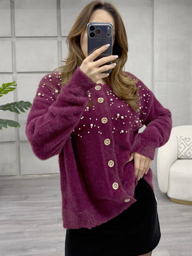 Göğsü İnci Ve Taşlı Peluş Hırka 7584 Bordo