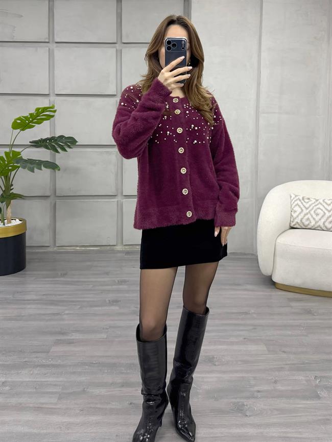 Göğsü İnci Ve Taşlı Peluş Hırka 7584 Bordo