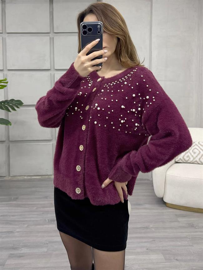 Göğsü İnci Ve Taşlı Peluş Hırka 7584 Bordo