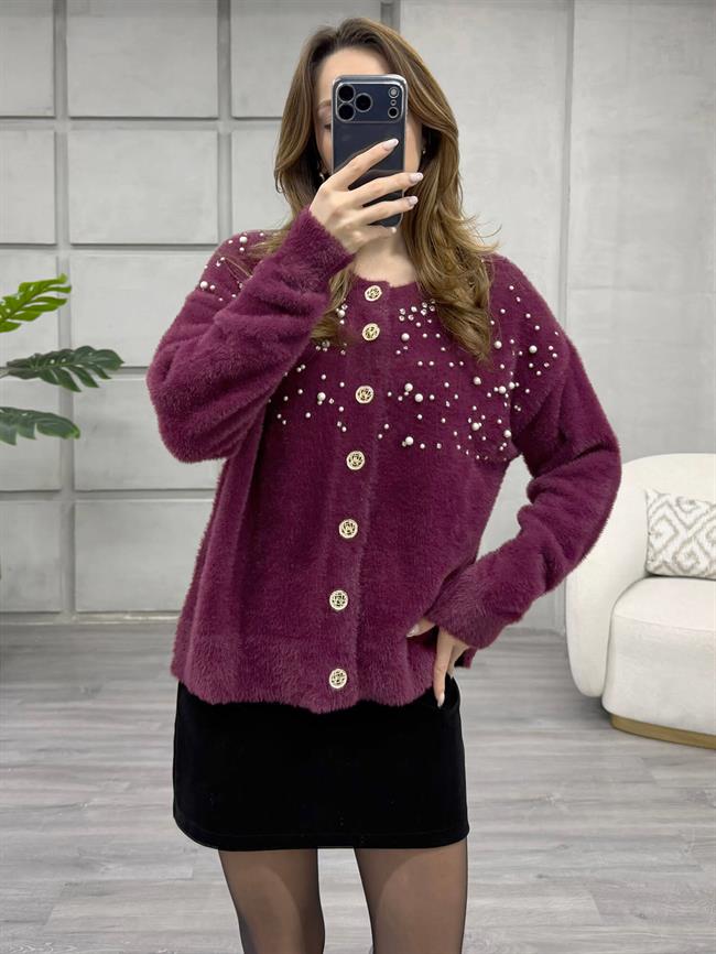 Göğsü İnci Ve Taşlı Peluş Hırka 7584 Bordo