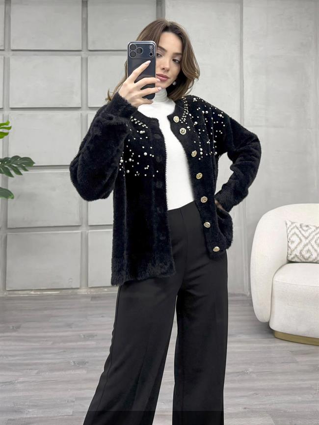 Göğsü İnci Ve Taşlı Peluş Hırka 7584 Siyah