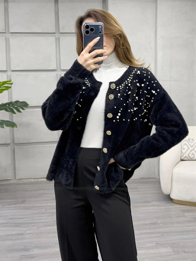 Göğsü İnci Ve Taşlı Peluş Hırka 7584 Siyah