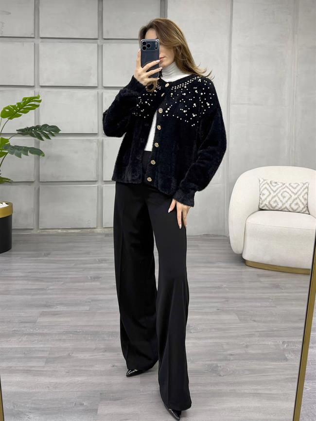 Göğsü İnci Ve Taşlı Peluş Hırka 7584 Siyah
