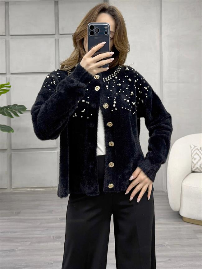 Göğsü İnci Ve Taşlı Peluş Hırka 7584 Siyah