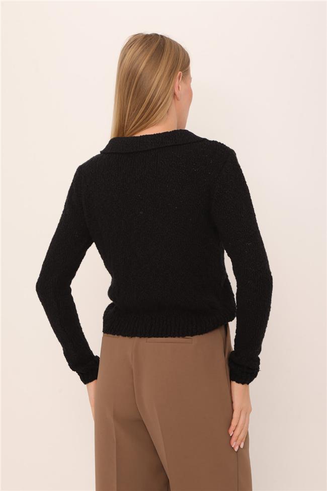 Gömlek Yaka Fermuarlı Hırka Siyah