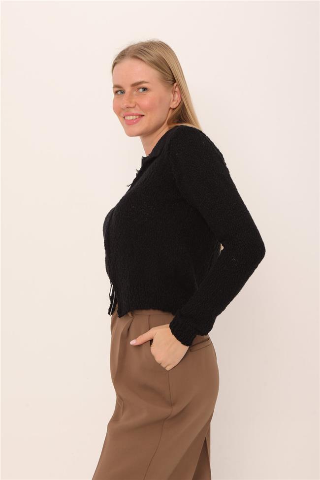 Gömlek Yaka Fermuarlı Hırka Siyah