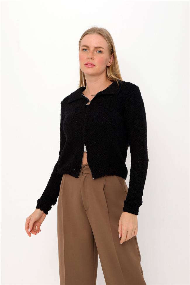 Gömlek Yaka Fermuarlı Hırka Siyah