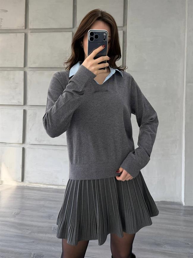 Gömlek Yakalı Kazak 145305 Gri - Mavi