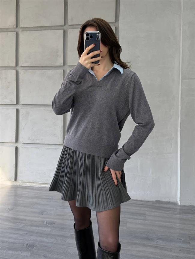 Gömlek Yakalı Kazak 145305 Gri - Mavi