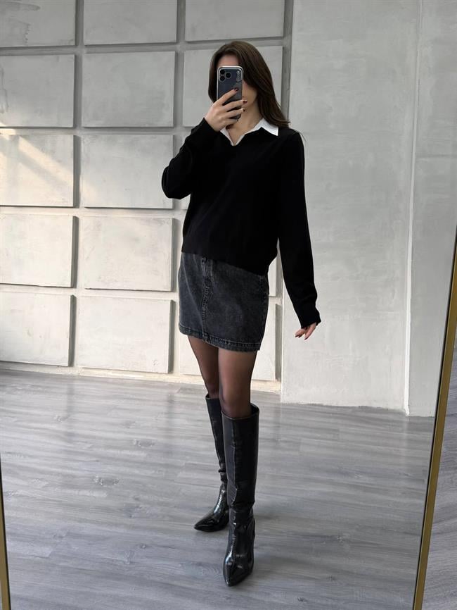 Gömlek Yakalı Kazak 145305 Siyah - Kemik