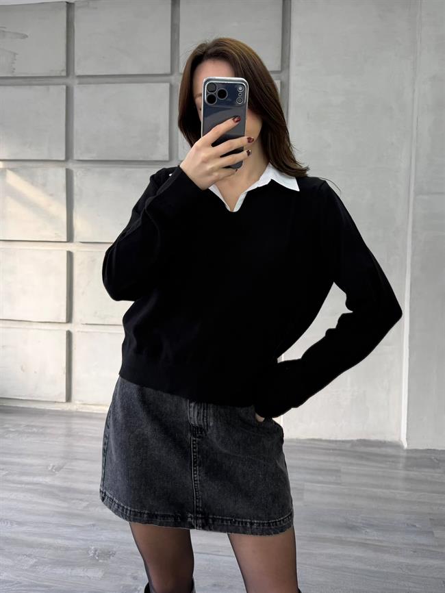 Gömlek Yakalı Kazak 145305 Siyah - Kemik