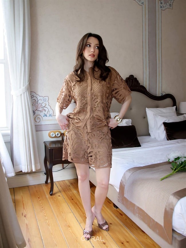 Güpürlü Şort Gömlek Takım 39404 Kahve