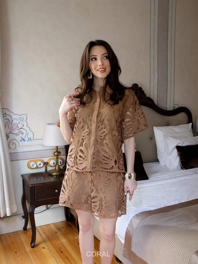 Güpürlü Şort Gömlek Takım 39404 Kahve