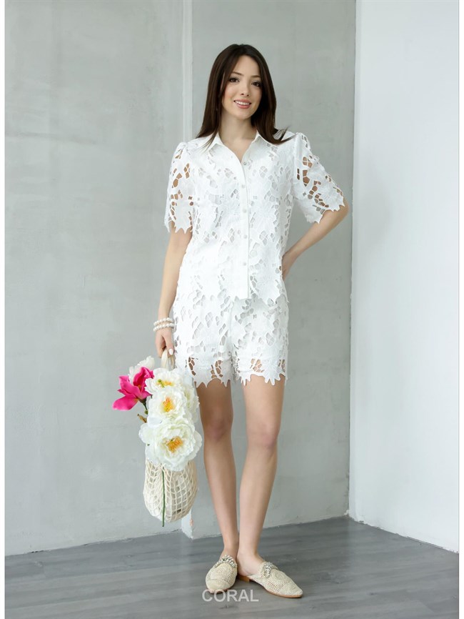 Güpürlü Şort Gömlek Takım 39422 Beyaz