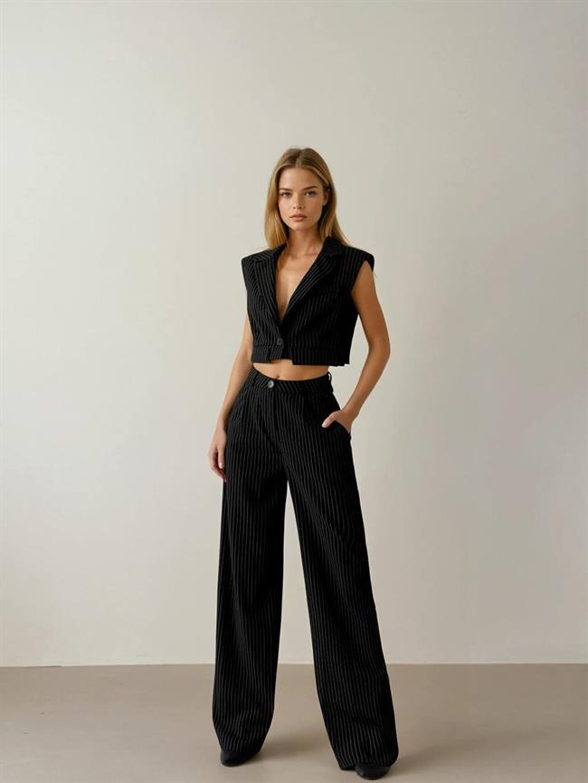 İnce Çizgili Ceket Pantolon Takım 6046 Siyah