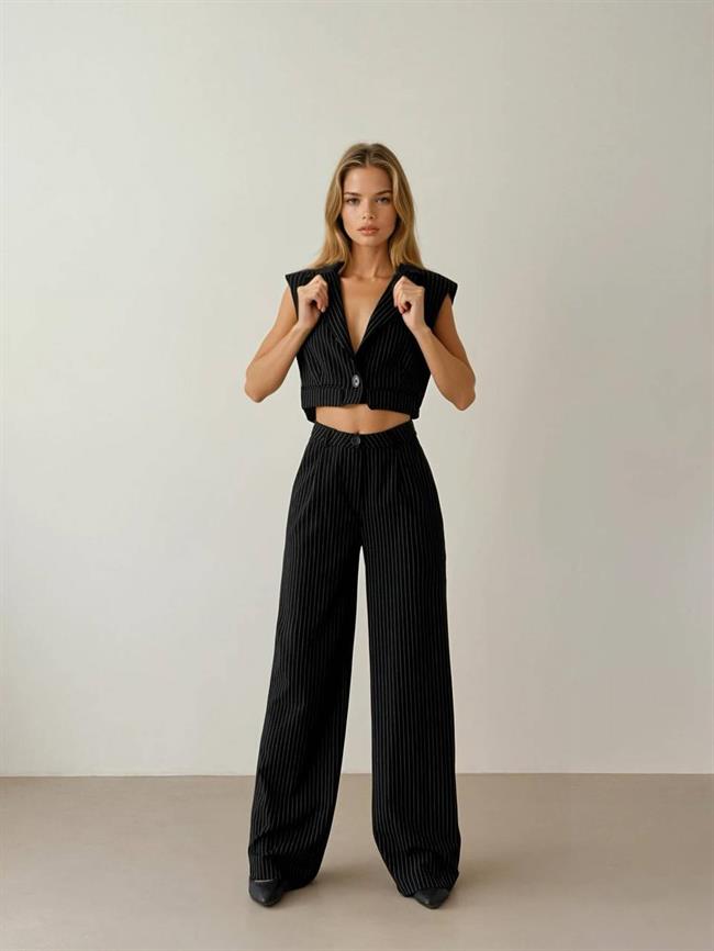 İnce Çizgili Ceket Pantolon Takım 6046 Siyah