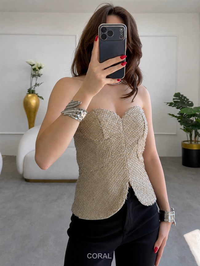 İnce Payetli Straplez Büstiyer 37644 Bej