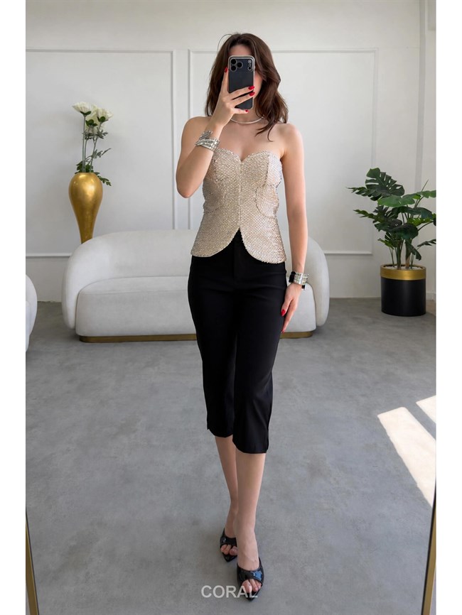 İnce Payetli Straplez Büstiyer 37644 Bej