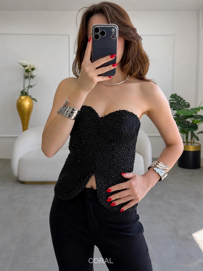 İnce Payetli Straplez Büstiyer 37644 Siyah