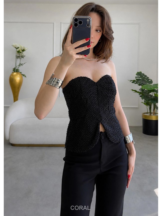 İnce Payetli Straplez Büstiyer 37644 Siyah