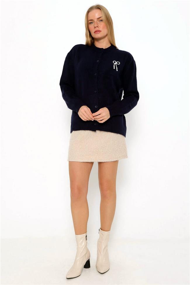 İnci Kurdeleli Hırka Lacivert