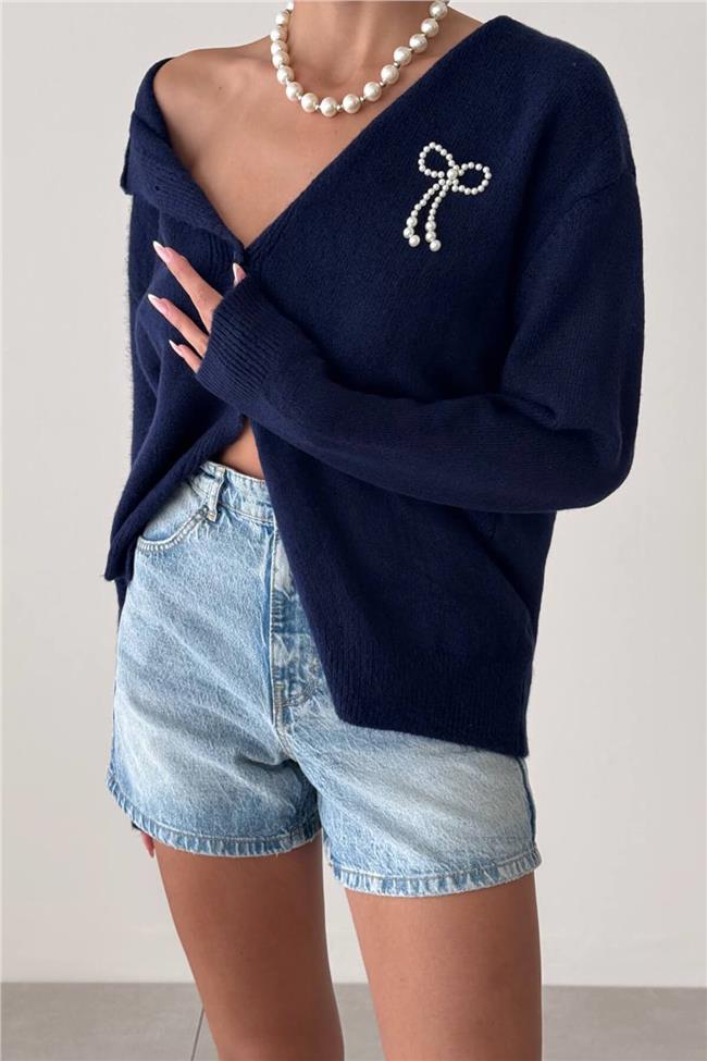 İnci Kurdeleli Hırka Lacivert