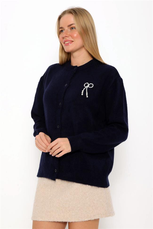 İnci Kurdeleli Hırka Lacivert