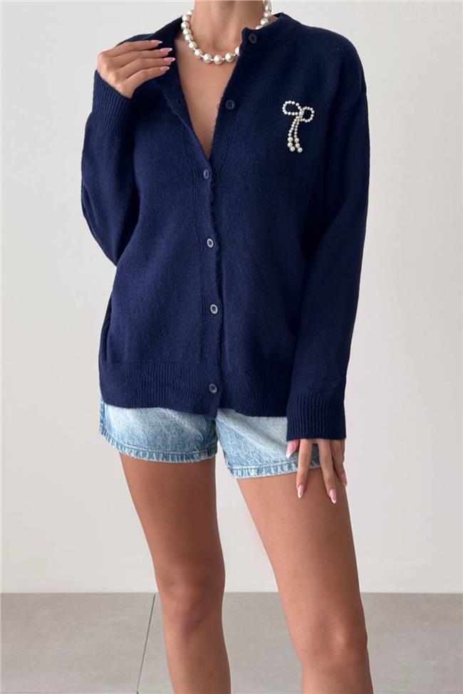 İnci Kurdeleli Hırka Lacivert