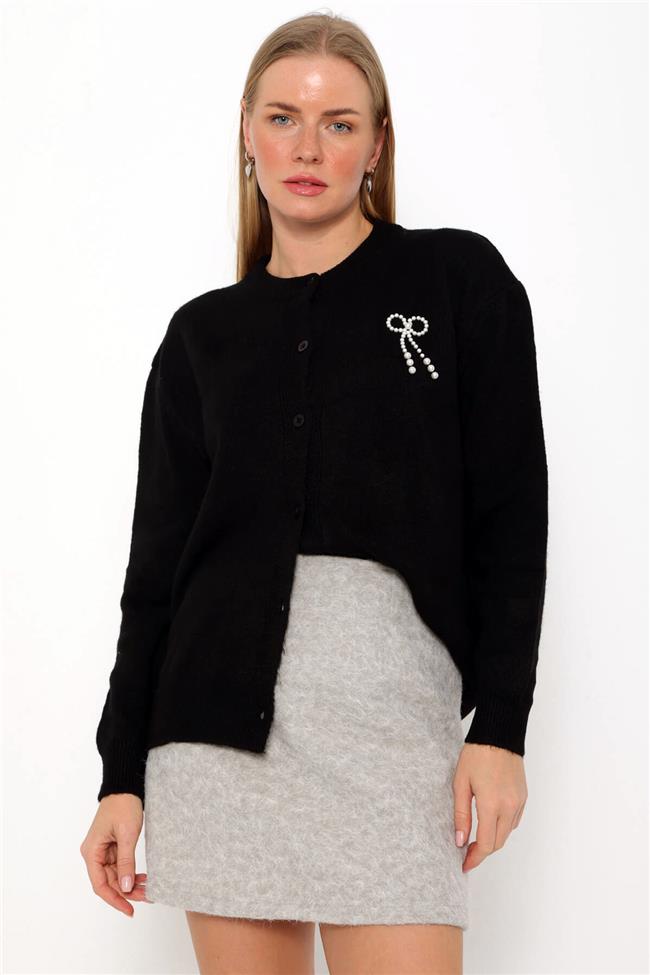 İnci Kurdeleli Hırka Siyah