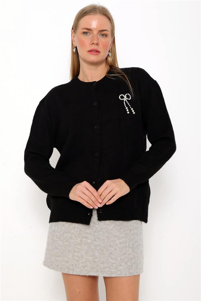 İnci Kurdeleli Hırka Siyah