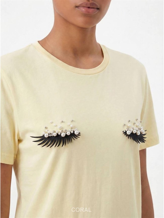 İncili Kirpik İşlemeli Tişört 7598 Açık Sarı