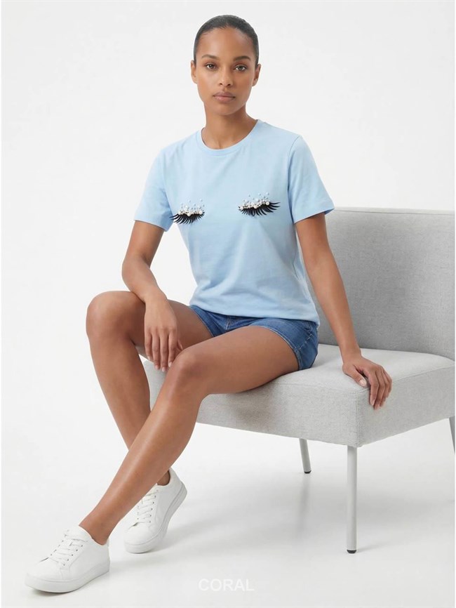 İncili Kirpik İşlemeli Tişört 7598 Bebe Mavi