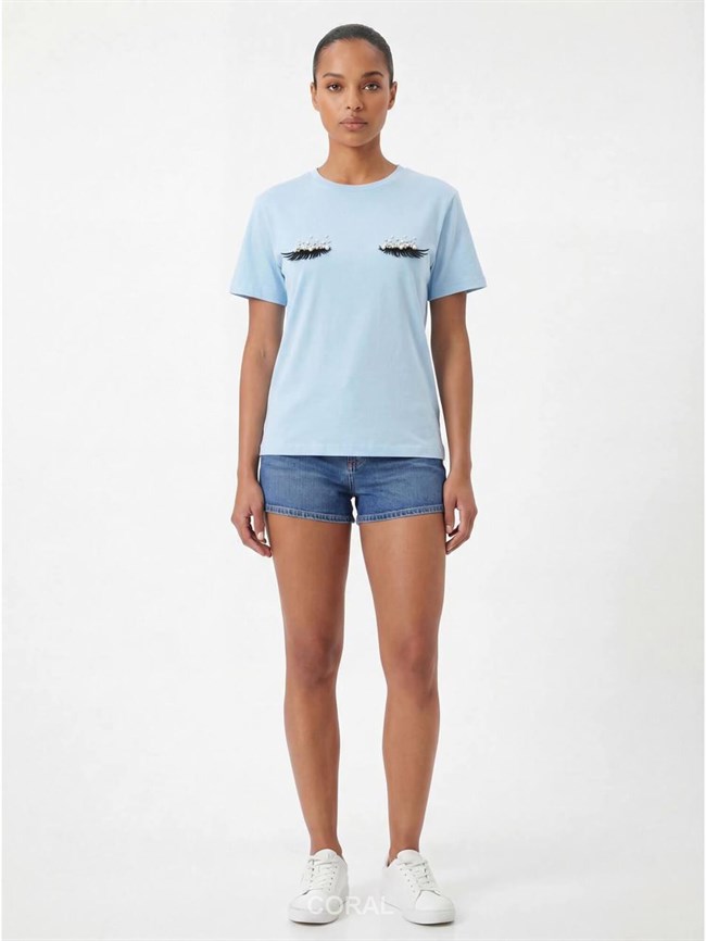 İncili Kirpik İşlemeli Tişört 7598 Bebe Mavi