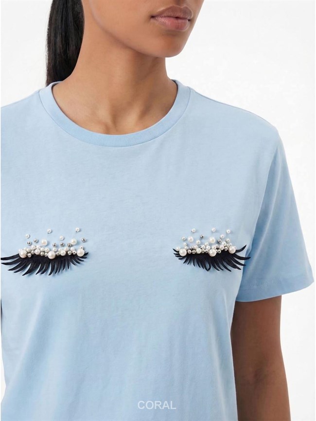 İncili Kirpik İşlemeli Tişört 7598 Bebe Mavi