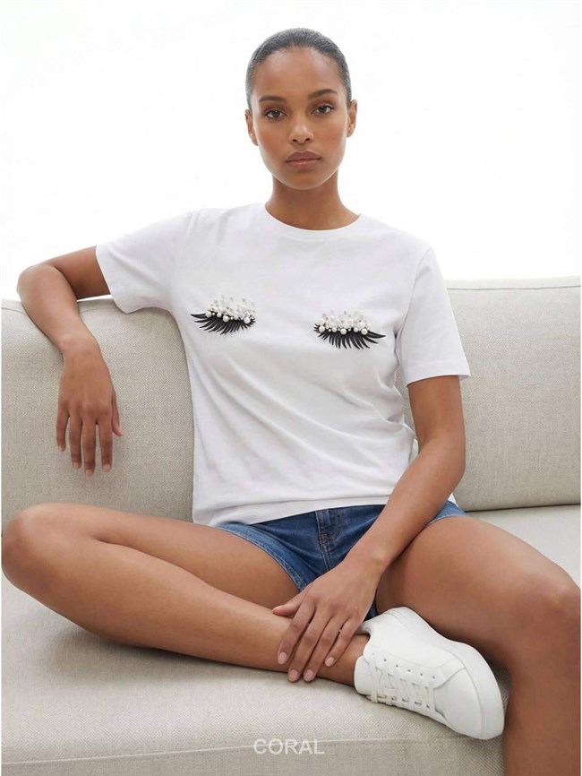 İncili Kirpik İşlemeli Tişört 7598 Beyaz