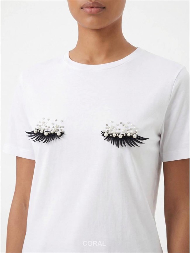 İncili Kirpik İşlemeli Tişört 7598 Beyaz