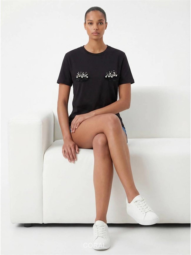 İncili Kirpik İşlemeli Tişört 7598 Siyah