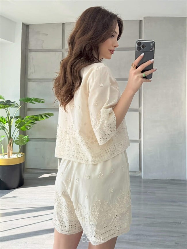 Kabartma Çiçek Nakışlı Şort Takım 39429 Naturel