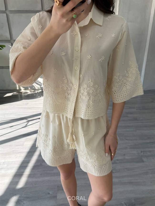 Kabartma Çiçek Nakışlı Şort Takım 39429 Naturel