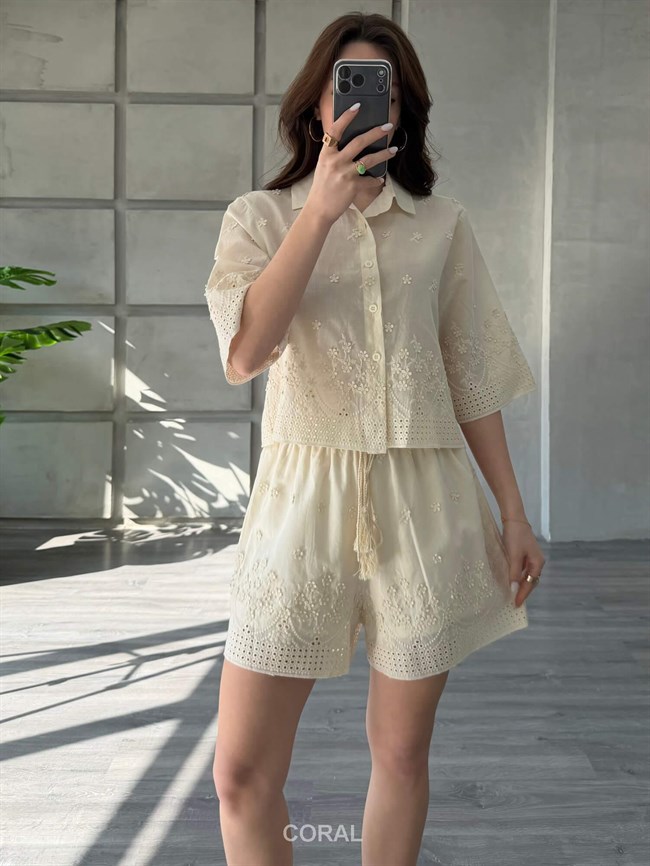 Kabartma Çiçek Nakışlı Şort Takım 39429 Naturel