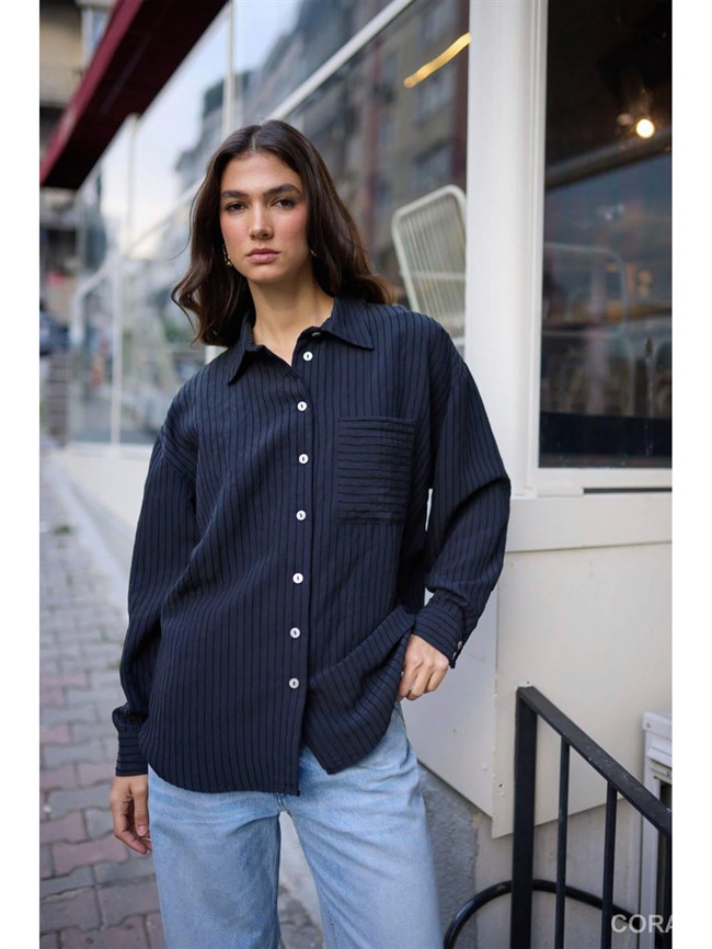 Kabartma Çizgili Tek Cepli Gömlek 5000 Siyah