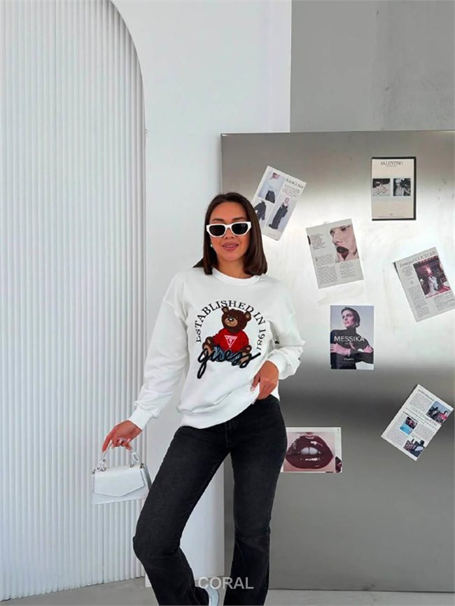 Kabartmalı Ayıcık Baskılı Sweatshirt 5912 Beyaz