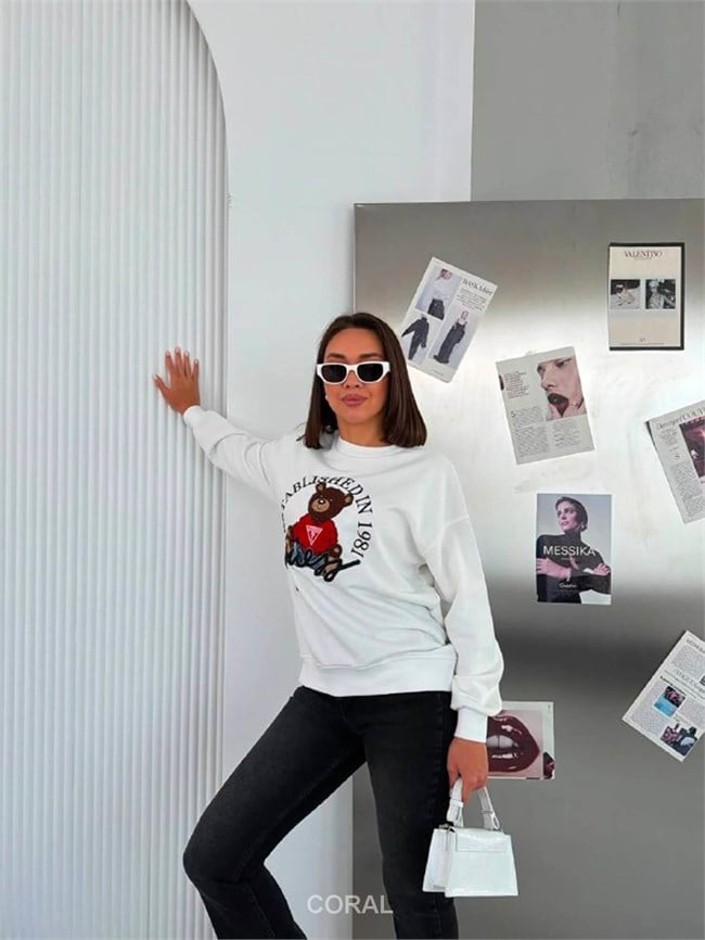 Kabartmalı Ayıcık Baskılı Sweatshirt 5912 Beyaz