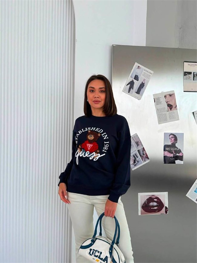 Kabartmalı Ayıcık Baskılı Sweatshirt 5912 Lacivert