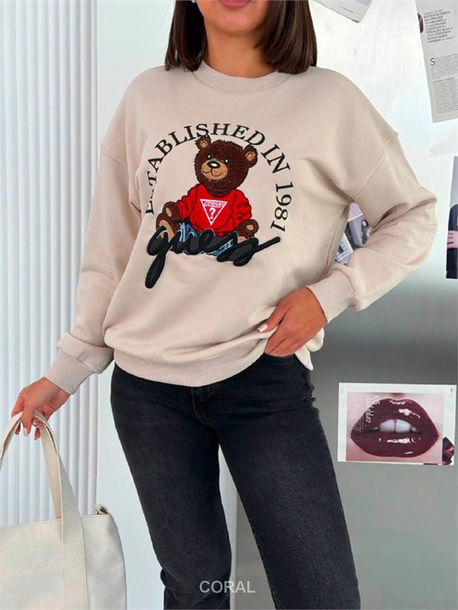 Kabartmalı Ayıcık Baskılı Sweatshirt 5912 Bej
