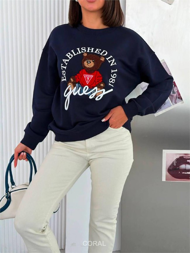 Kabartmalı Ayıcık Baskılı Sweatshirt 5912 Lacivert