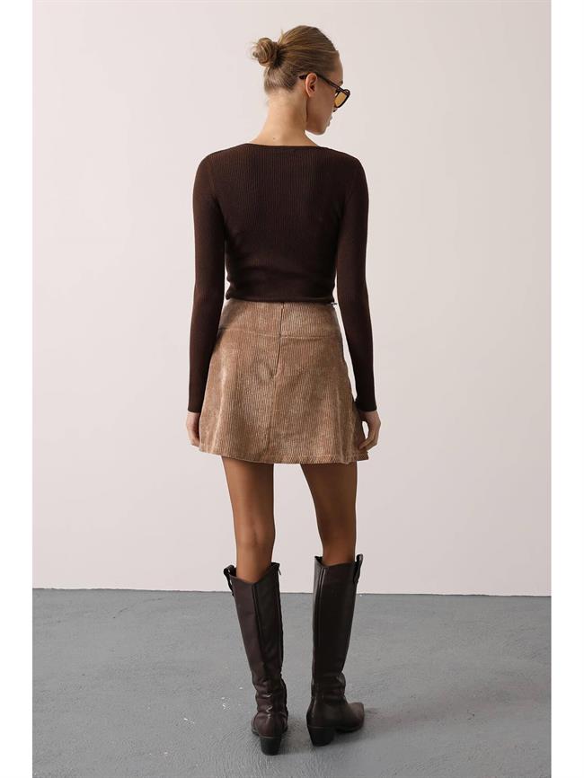 Kadife Düğmeli Kısa Etek 37181 Taş