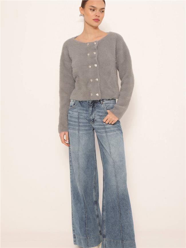 Kalp Düğmeli Yumoş Hırka Gri