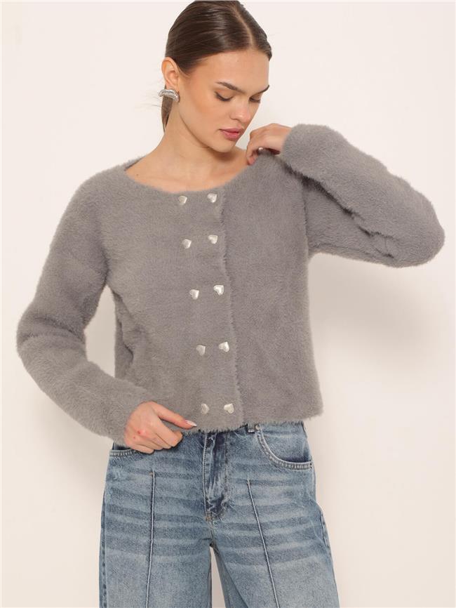 Kalp Düğmeli Yumoş Hırka Gri