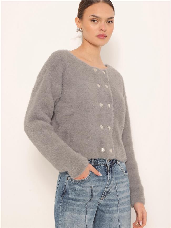 Kalp Düğmeli Yumoş Hırka Gri